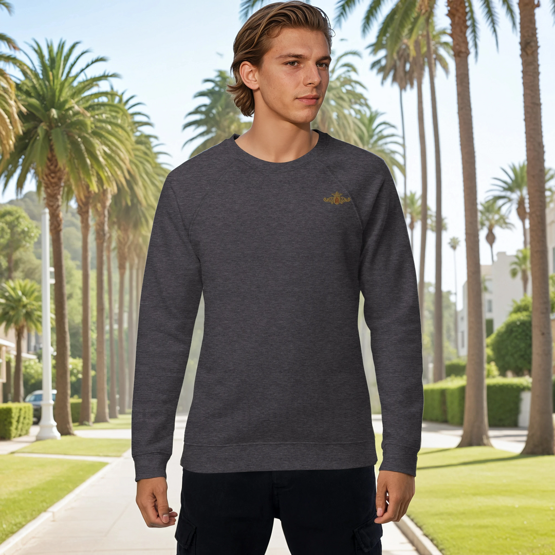 Organic Raglan Sweatshirt (Vegan) | Embroidered Gold Crest With Maroon Center (Men&