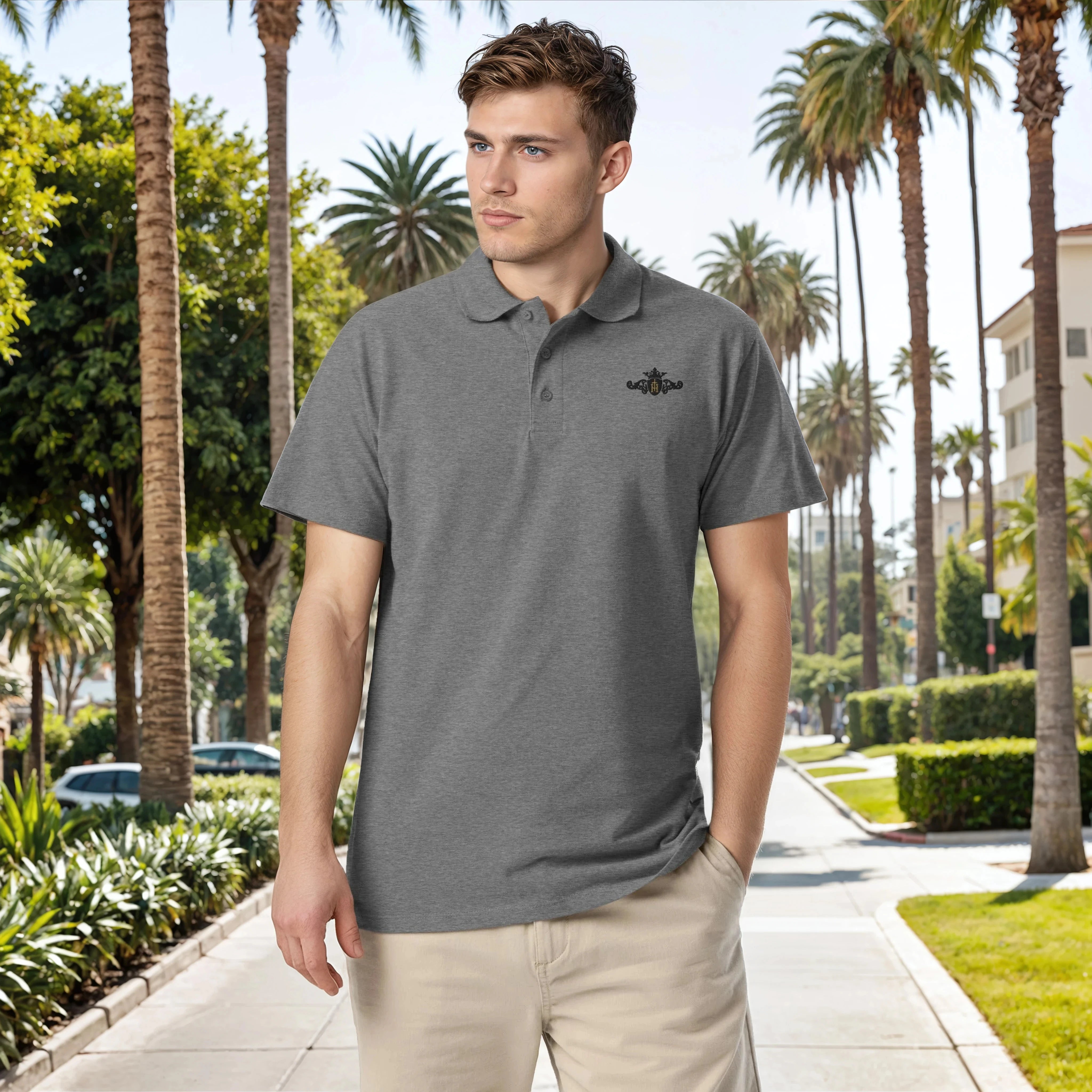 Man wearing a gray polo shirt with a logo, standing on a sidewalk with palm trees in the background.