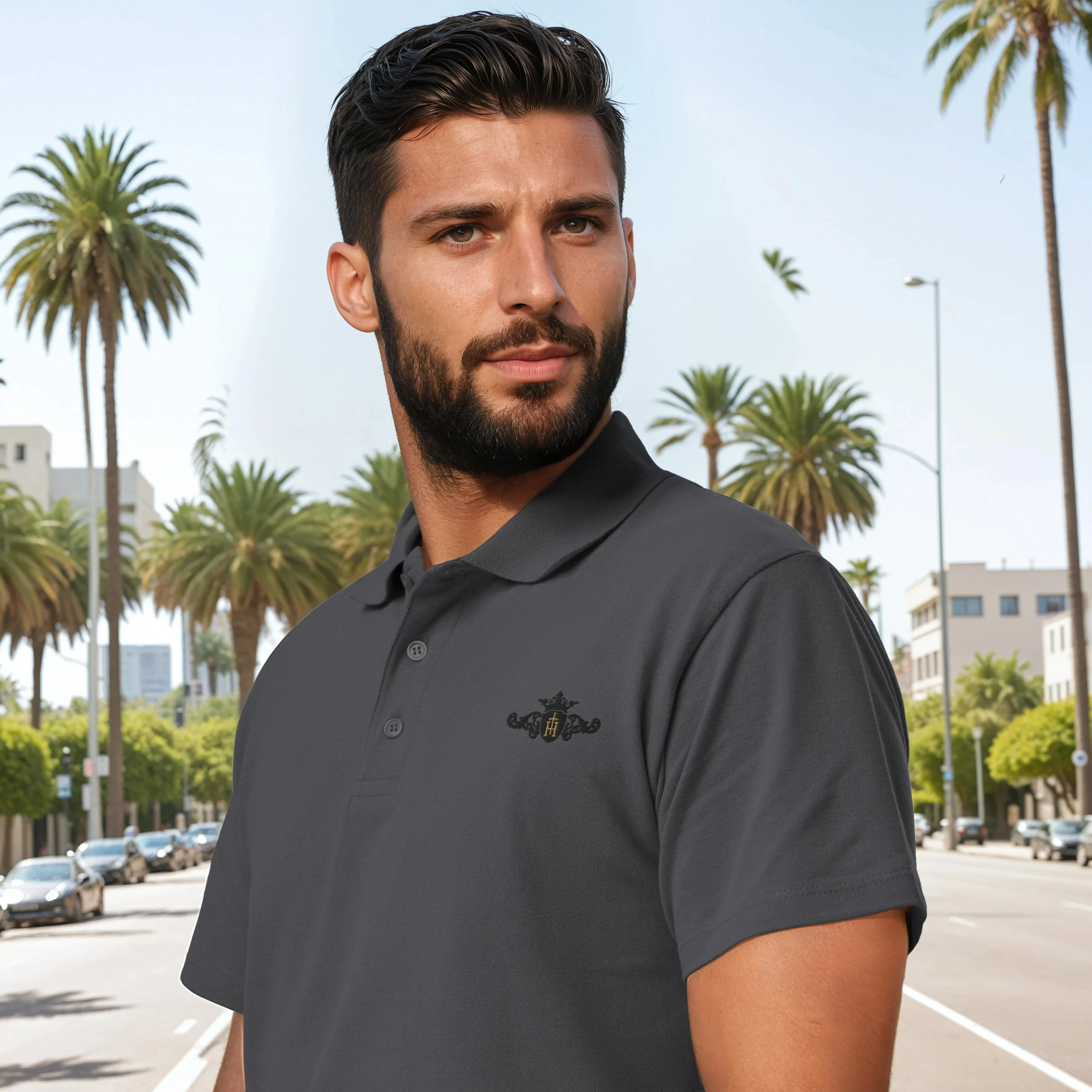Man wearing a gray polo shirt with a logo in an urban setting with palm trees