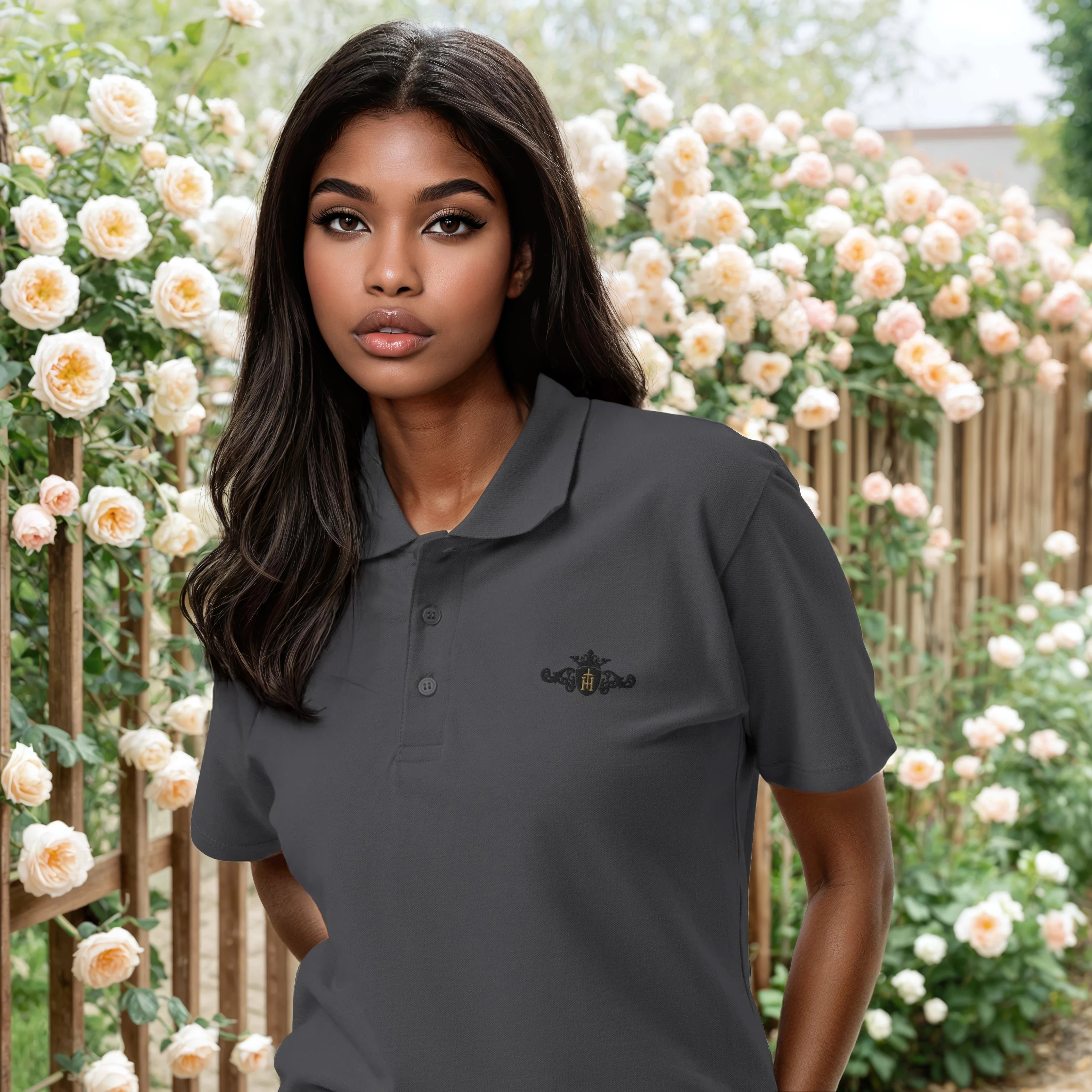 Woman wearing a gray polo shirt with a logo in front of a floral background