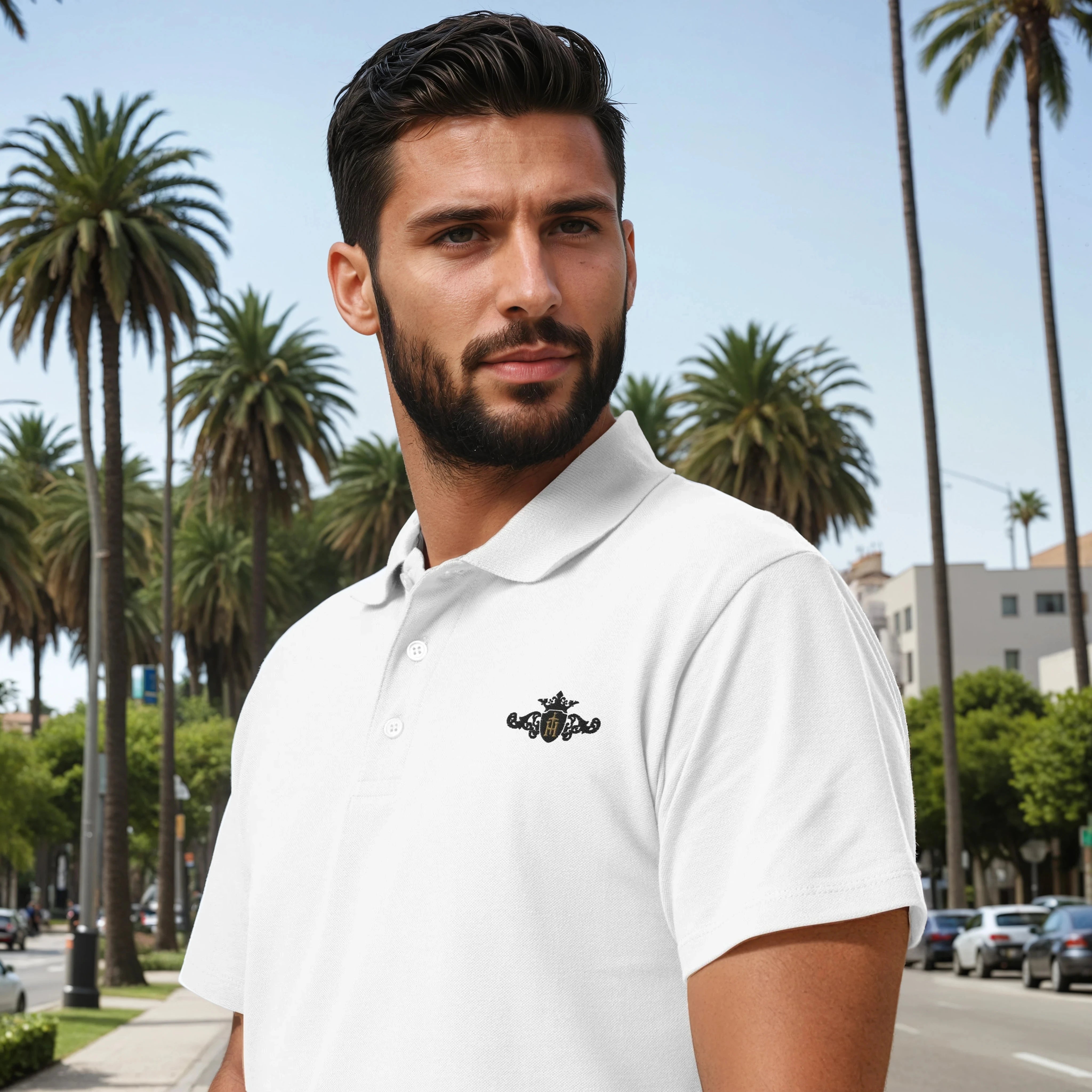 Man wearing a white polo shirt with a logo in front of palm trees