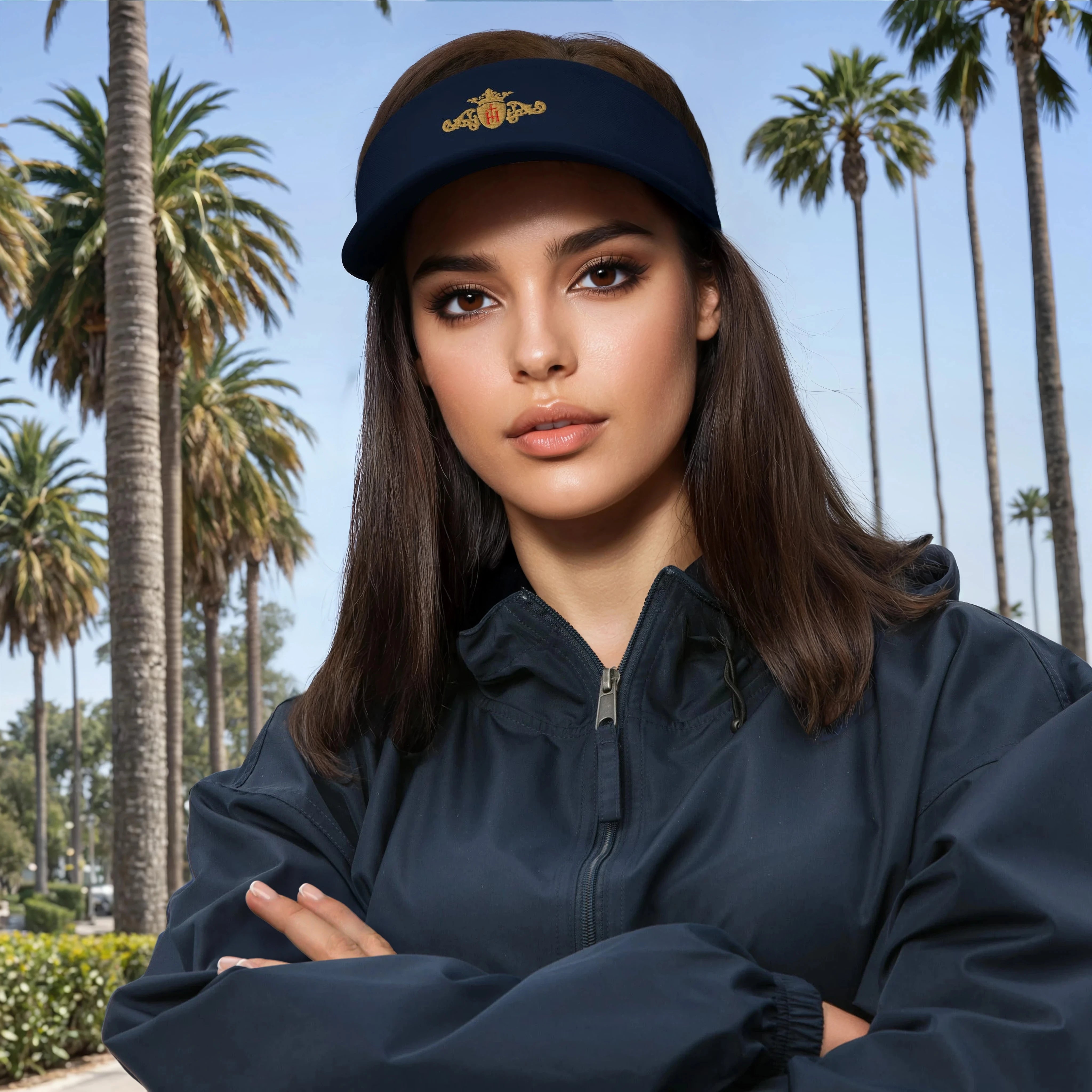 Woman wearing a navy cap and jacket with palm trees in the background