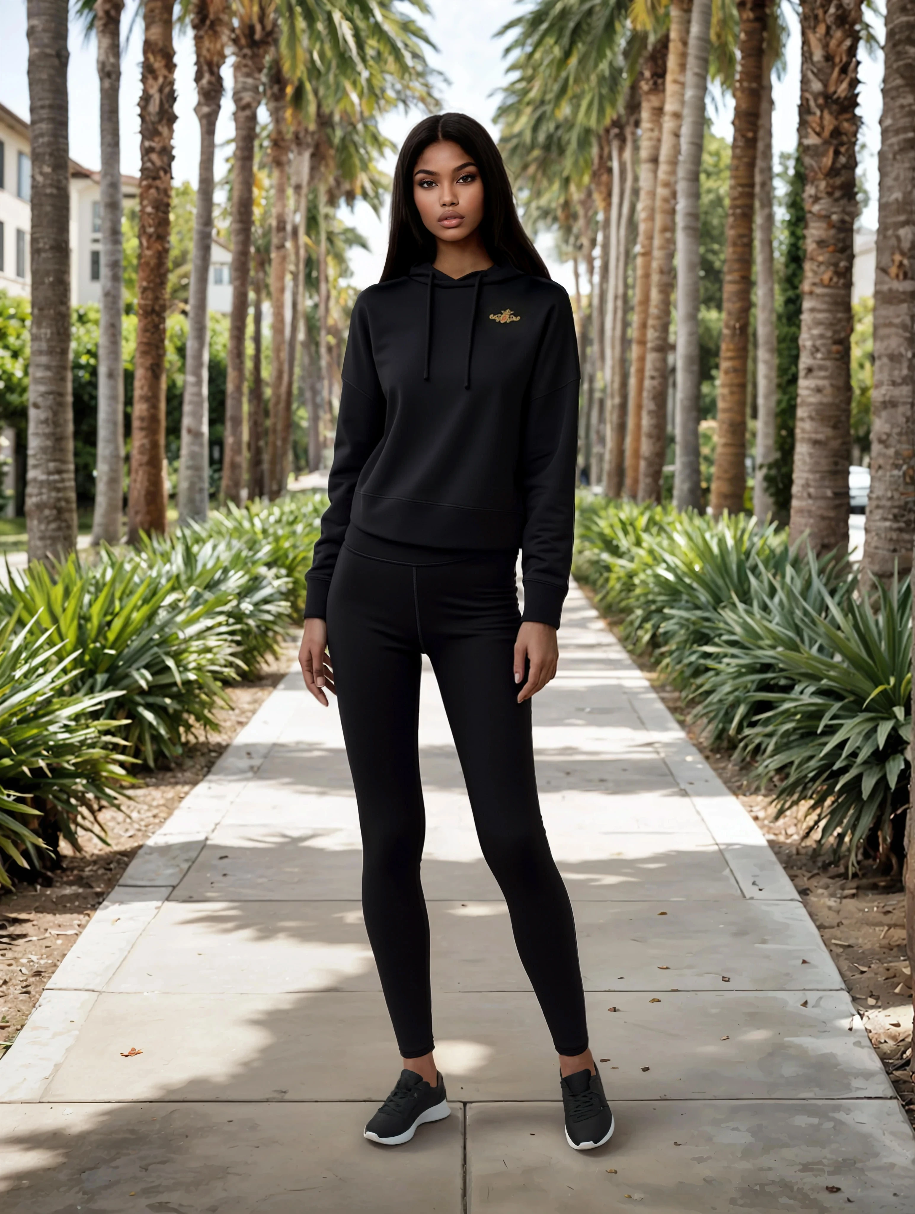 Person wearing a black hoodie and leggings standing on a pathway with palm trees in the background