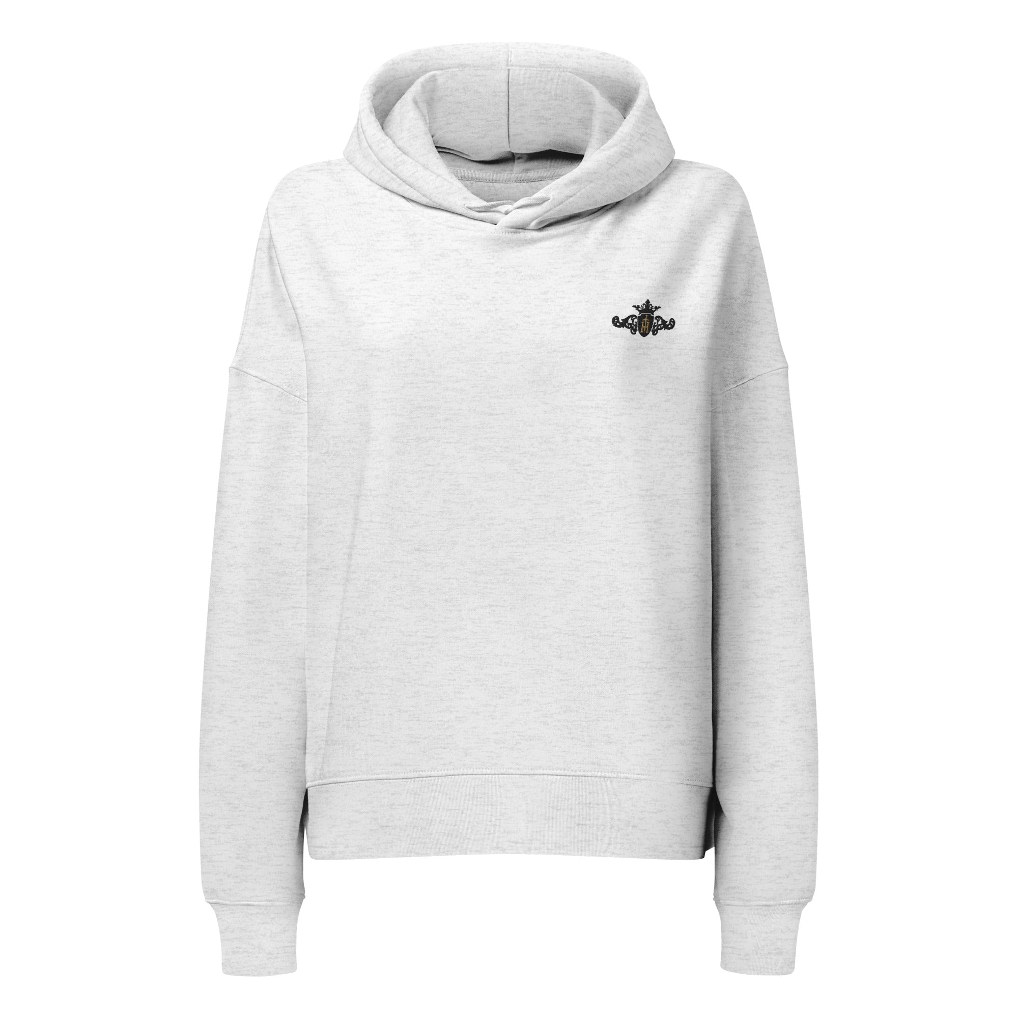 Gray hoodie with an embroidered black crest with a gold center logo on a white background