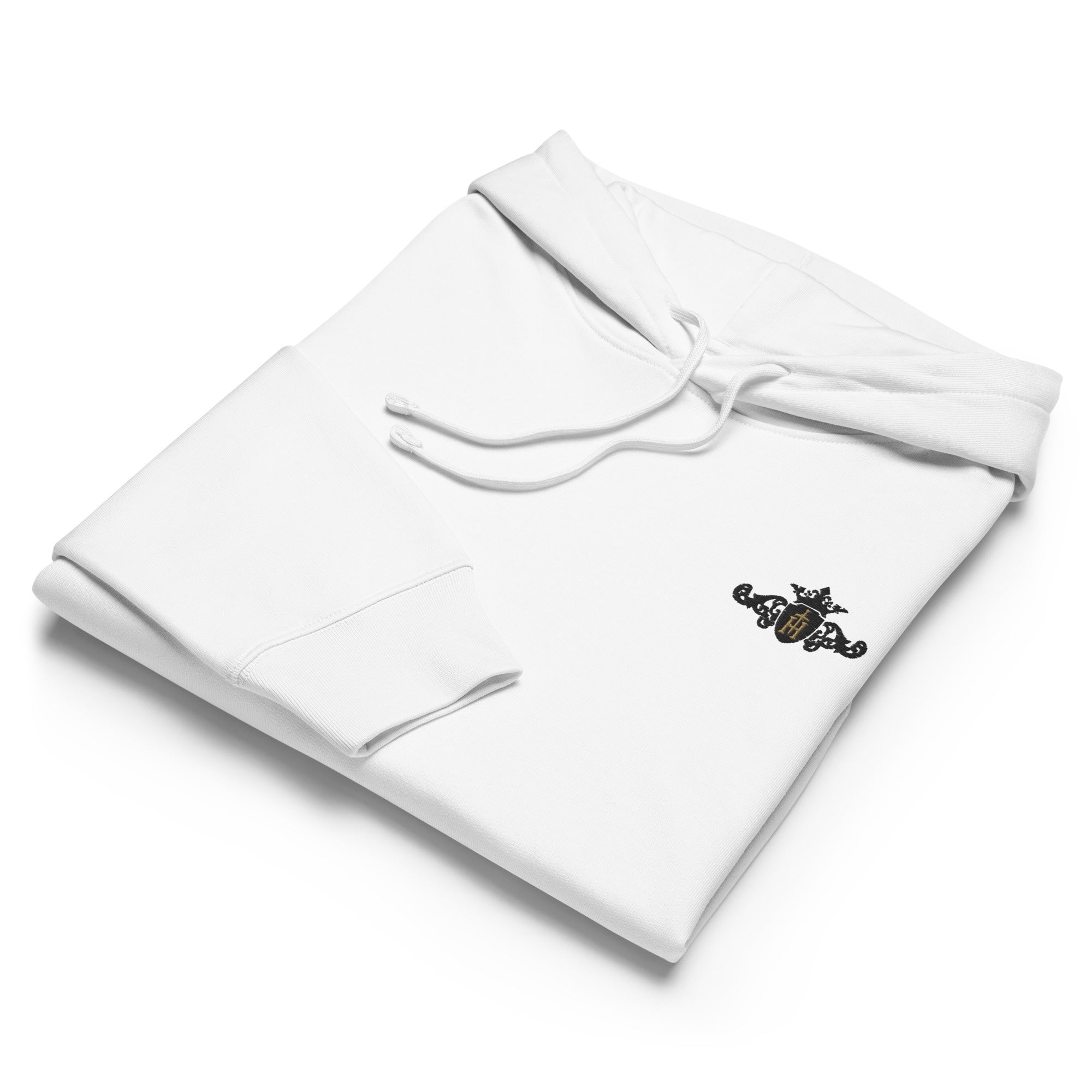 White hoodie with a logo on a white background