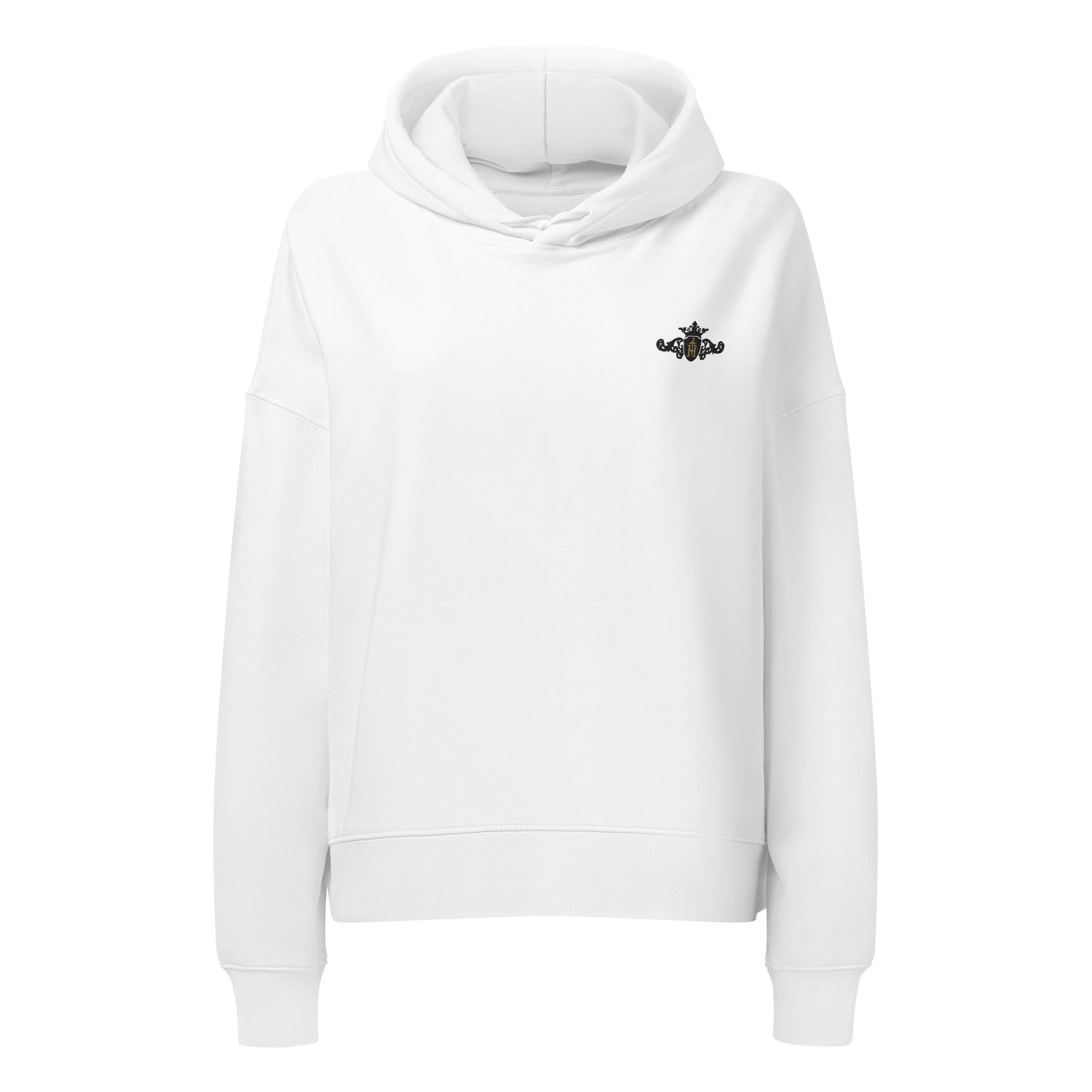 White hoodie with a black and gold embroidered logo on a white background